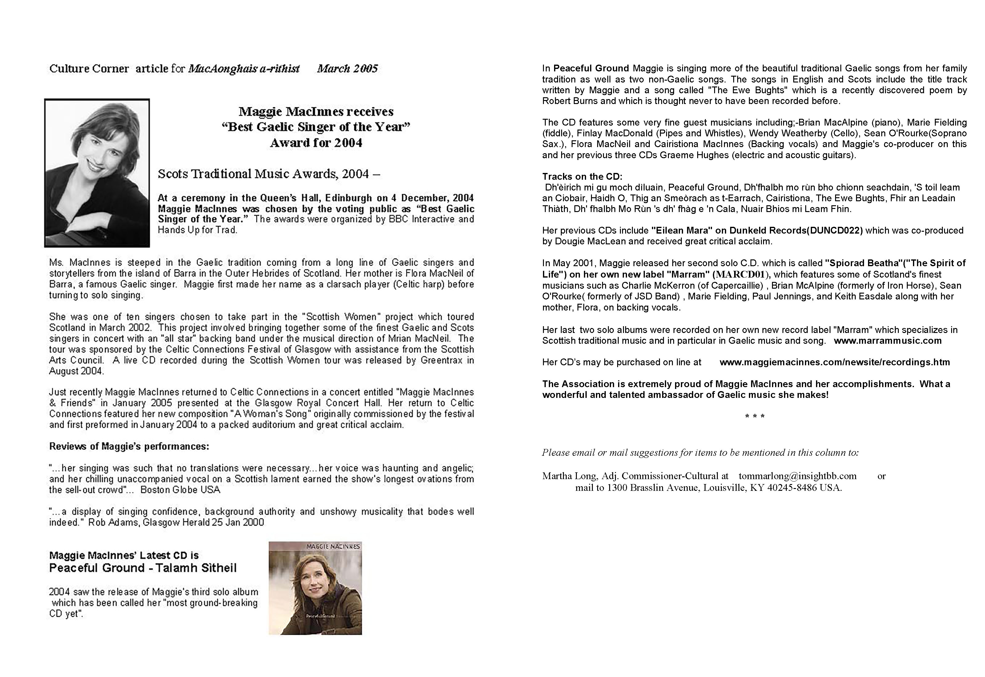 Maggie MacInnes Best Gaelic Singer 2004